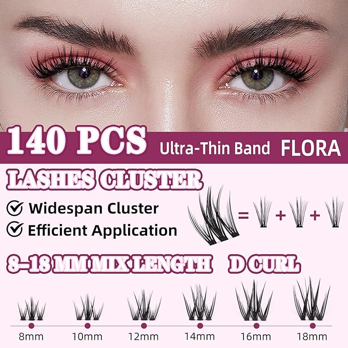 Lash Clusters Kit for DIY Lash Extension at Home, False Eyelashes Set with Bond and Seal, Lash Remover, Tweezers, D Curl Wispy Individual Clusters Eye Lash Extensions Kit (U21 DIY Lash Kit)