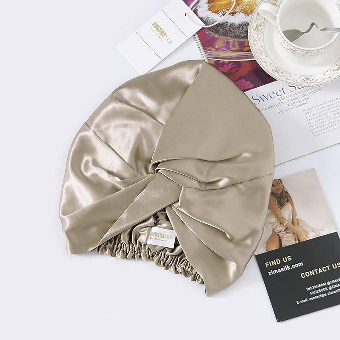 ZIMASILK 22 Momme 100% Mulberry Silk Bonnet for Sleeping & Women Hair Care, Highest Grade 6A Silk Hair wrap for Sleeping with Premium Elastic Stay On Head (1Pc, Taupe)