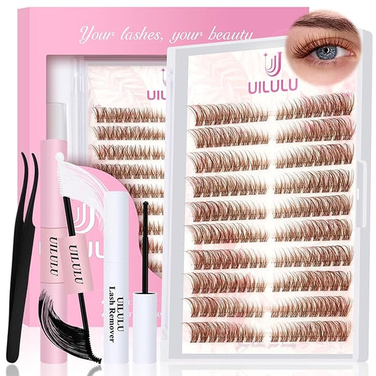 Brown Lash Clusters Kit Natural Lashes Extensions Wispy Eyelash Cluster 160pcs D Curl Left&Right with Bond & Seal, Glue Remover, Tweezers(U16)