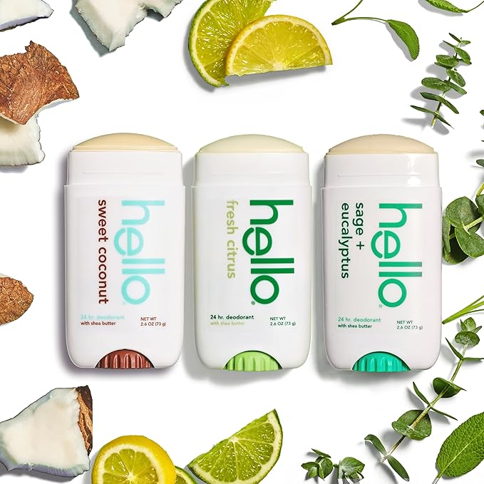 hello Deodorant Variety Pack (Sweet Coconut, Fresh Citrus, White Sage) for Women + Men, Aluminum Free, Baking Soda Free, Parabens Free, 24 Hour Odor Protection, 2.6 Ounce, 3 Pack