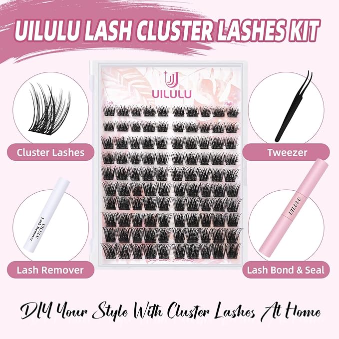 Lash Clusters Kit 10-18mm D Curl Clusters Eyelash Extensions Kit False Eyelash Clusters, DIY Lash Extension Kit with Lash Bond & Seal, Lash Glue Remover, Lash Tweezers