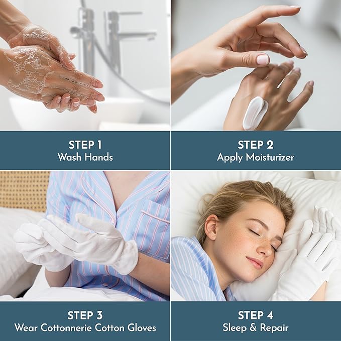 4 Pairs Cottonnerie Original Cotton Gloves for Dry Hands Sleeping, Moisturizing Gloves Overnight, Hand Moisturizer Gloves, Moisture Gloves for Dry Hands Overnight, Sleeping Gloves, Small