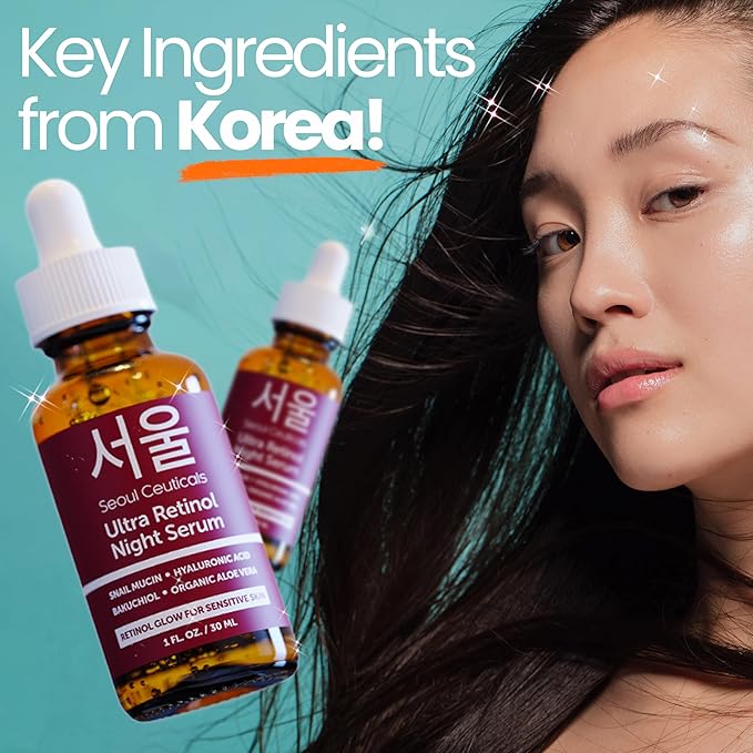 SeoulCeuticals 1% Korean Retinol Night Serum for Face - 97.5% Snail Mucin + Hyaluronic Acid + Bakuchiol, Cruelty Free K Beauty for Sensitive Skin 1oz
