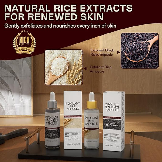 2-Pack Black & White Rice Exfoliating Ampoule, Gentle Rice Peel Facial & Body Treatment, Korean Skincare for All Skin Types with Dual Rice Enzymes