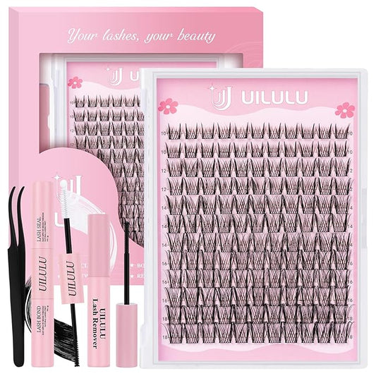 Lash Clusters Kit 10-18mm Wispy Lash Clusters D Curl False Eyelash Clusters, DIY Lash Extension Kit with Lash Bond & Seal, Lash Glue Remover, Lash Tweezers