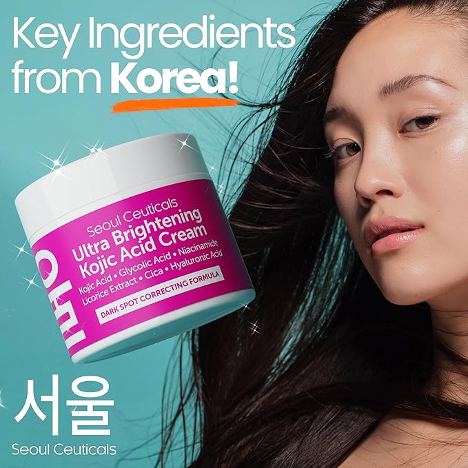 SeoulCeuticals Korean Kojic Acid Cream Dark Spot Remover + Glycolic Acid + Niacinamide + Cica + HA Moisturizer - Cruelty Free K Beauty Skincare 2oz