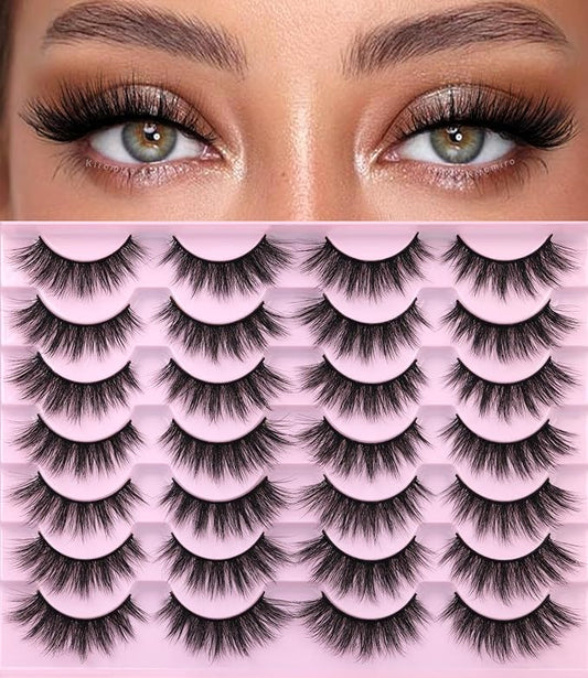 EyeLashes Natural Look 16mm Faux Mink Lashes 3D Cat Eye Wispy Eyelashes 6D Volume False Lashes Pack by Kiromiro