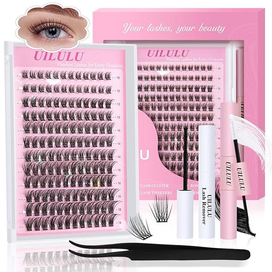 Natural Wispy Lash Clusters Kit 10-18mm Mix D Curl DIY Extension Eye Lashes False Wispy EyeLash Cluster with Bond & Seal, Glue Remover, Tweezers(U14)