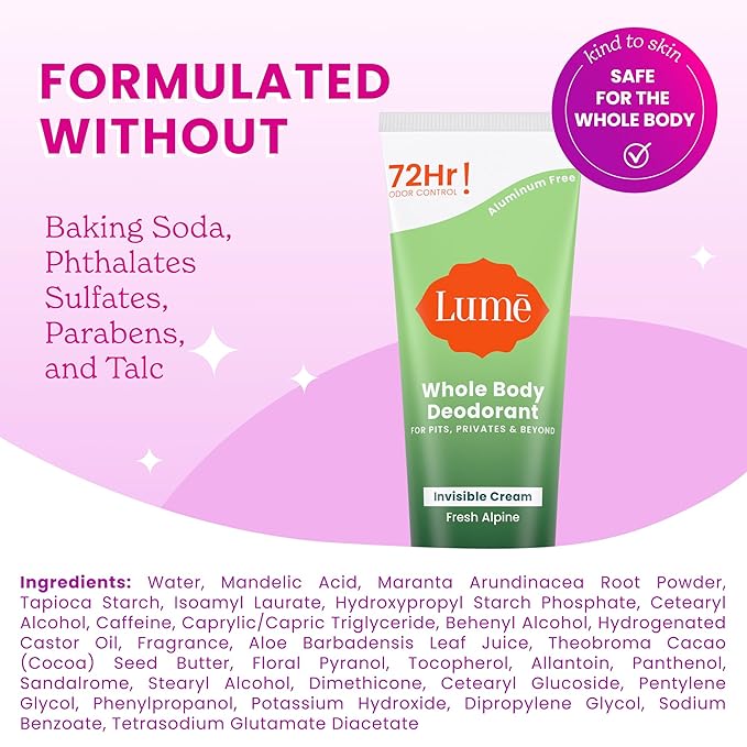 Lume Whole Body Deodorant - Invisible Cream Tube - 72 Hour Odor Control - Doctor Developed - Aluminum Free, Baking Soda Free and Skin Loving - 3.0 Ounce (Fresh Alpine)
