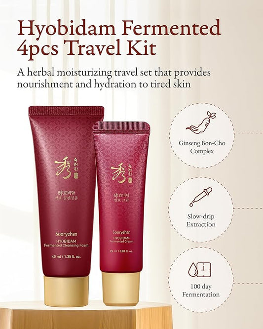 Sooryehan Hyobidam Fermented Travel Kit (Pack of 4) - Herbal korean skincare set with Toner, Emulsion, Cream & Cleansing Foam, featuring Baekhyodan™ & Silver Mushroom. for hydration & elasticity.