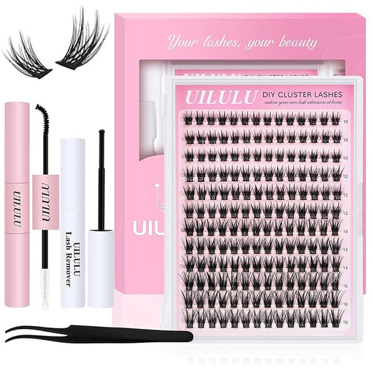 Lash Clusters Kit for DIY Lash Extension at Home, False Eyelashes Set with Bond and Seal, Lash Remover, Tweezers, D Curl Wispy Individual Clusters Eye Lash Extensions Kit (U24 DIY Lash Kit)