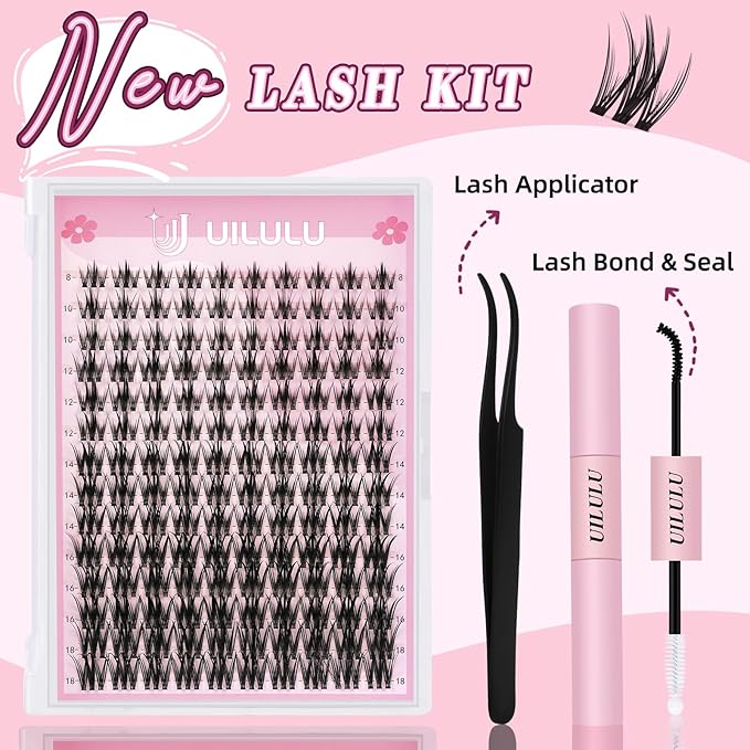 Lash Clusters Kit for DIY Lash Extension at Home, False Eyelashes Set with Bond and Seal, Lash Remover, Tweezers, D Curl Wispy Individual Clusters Eye Lash Extensions Kit (U21 DIY Lash Kit)