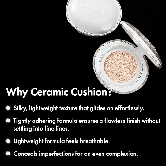 Amuse SEOUL Ceramic Skin Perfector Cushion Foundation (01 PORCELAIN) | Long-lasting, Lightweight, Semi-matte, Flawless Coverage, Hypoallergenic, Vegan, Korean Beauty (15g / 0.52oz.)