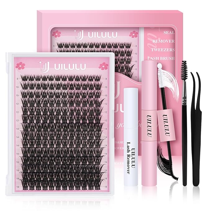 Lash Clusters Kit for DIY Lash Extension at Home, False Eyelashes Set with Bond Seal, Remover, Brush, Tweezers, D Curl Wispy Individual Clusters Lashes Eye Lash Extensions (U03 DIY Lash Kit)