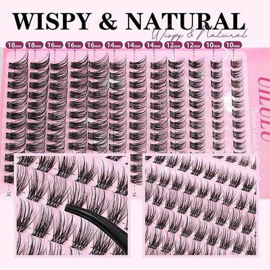 Natural Wispy Lash Clusters Kit 10-18mm Mix D Curl DIY Extension Eye Lashes False Wispy EyeLash Cluster with Bond & Seal, Glue Remover, Tweezers(U14)