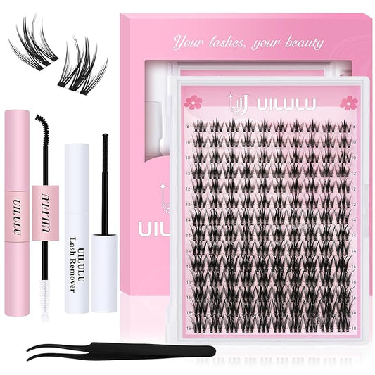 Lash Clusters Kit for DIY Lash Extension at Home, False Eyelashes Set with Bond and Seal, Lash Remover, Tweezers, D Curl Wispy Individual Clusters Eye Lash Extensions Kit (U21 DIY Lash Kit)