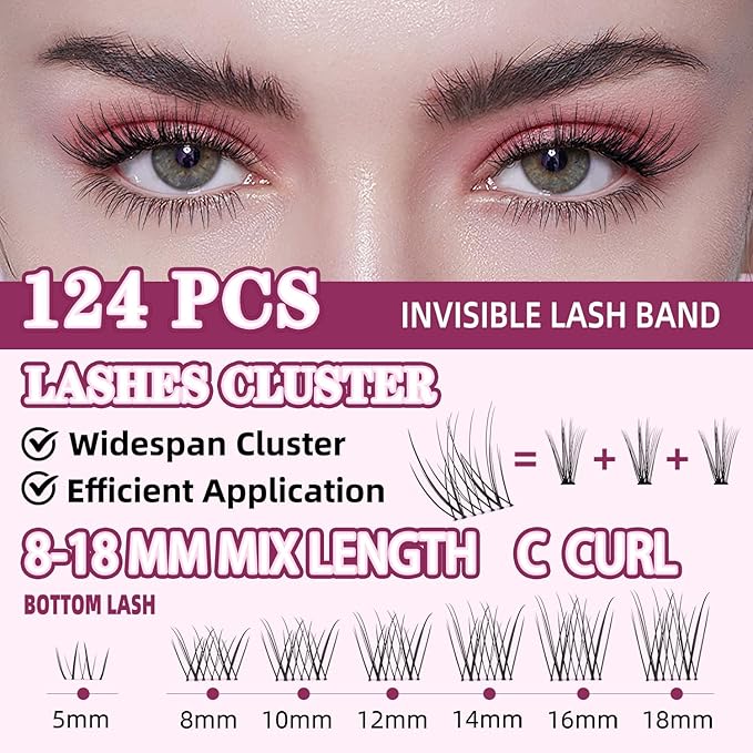 Natural Lash Clusters Kit 8-18mm with 5mm Bottom Lashes Natural Eye Lashes Wispy Lash Clusters False Eyelash Clusters DIY Lash Extension Kit with Bond & Seal Glue Remover Tweezers(U18 Lash Kit)