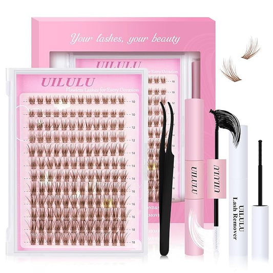 Brown Lash Clusters Kit 10-18mm Wispy Lash Clusters D Curl Eyelash Clusters, DIY Lash Extension Kit with Lash Bond & Seal, Lash Glue Remover, Lash Tweezers