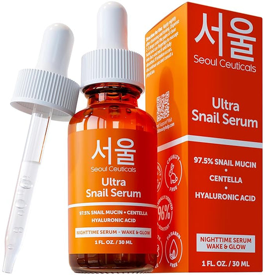SeoulCeuticals Korean Skin Care 97.5% Snail Mucin Serum – K Beauty Skincare Anti Wrinkle Cica Night Serum Hyaluronic Acid for Face 1oz