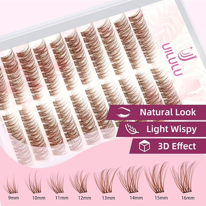 Brown Lash Clusters Natural Lash Extensions Wispy Eyelash Clusters 160pcs D Curl Left&Right Cluster Eyelashes Extensions Individual Cluster Lashes (U16 Lashes Only)