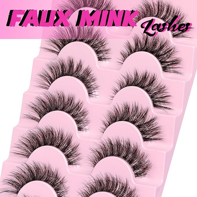 Veleasha Natural Lashes Fluffy Eyelashes Cat Eye Lashes 7 Pairs 8-15mm Clear Band False Eyelashes C Curl Wispy Faux Mink Lashes Soft 100% Handmade Fake Eyelashes (C01)