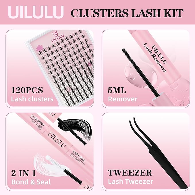 Lash Clusters Kit 10-16mm Natural Lashes Clusters D Curl False Eyelash Clusters, DIY Lash Extension Kit with Lash Bond & Seal, Lash Glue Remover, Lash Tweezers(U07 Lash Kit)