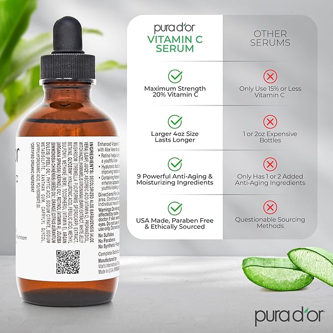 PURA D'OR 20% Vitamin C Serum 4 Oz - Lightweight Maximum Strength Formula - Retinol, Hyaluronic Acid, Ferulic Acid - Professional Grade Treatment For Face & Eyes, Wrinkles - Men & Women