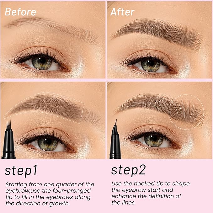 Eyebrow Pen, Waterproof Microblading Eyebrow Pencil, 2-in-1 Dual-Ended 4 Tip Eye Brow Makeup Pen for Women with Precise Curved Brush-Tip Create Natural Hair-Like Brows, Last All-Day (Dark Brown)