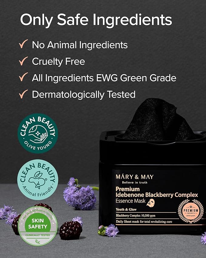 Mary&May Premium Idebenone Blackberry Complex Essence Mask - Quick Dispenser Type Anti Aging Korean Face Mask Sheet - Vitamin C, Panthenol, and Ceramide for Moisturizing and Radiant Skin, 20 Sheets