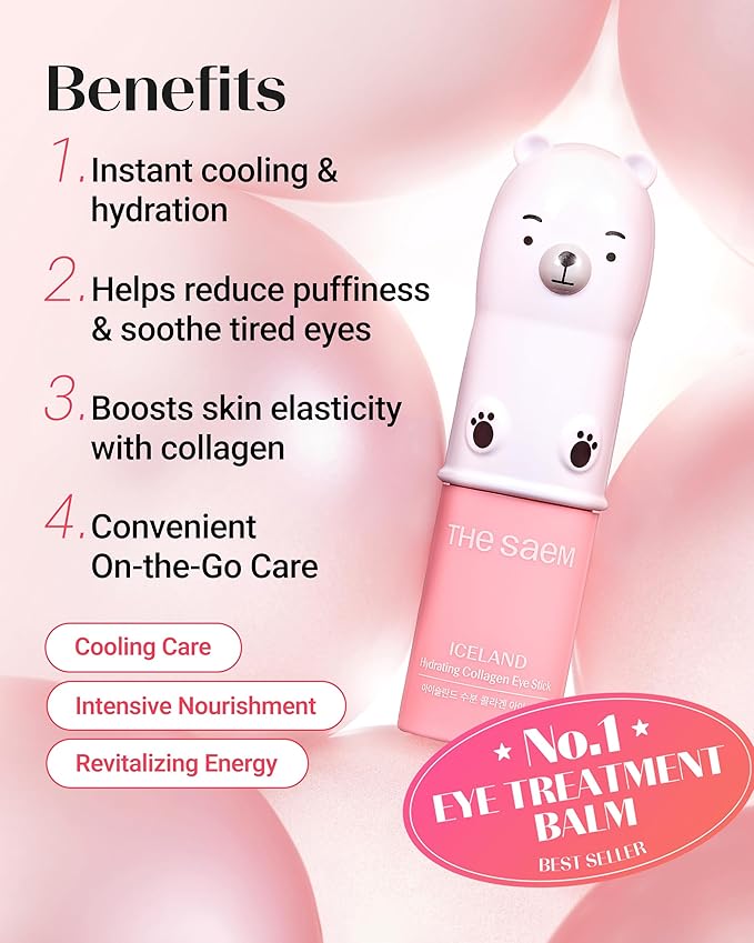 THESAEM Iceland Hydrating Collagen Eye Stick 0.38 oz - Anti-wrinkle Moisturizing Eye Balm for Saggy Skin – Under Eye Treatment - Balm to Smooth Skin Texture - Rose Scent
