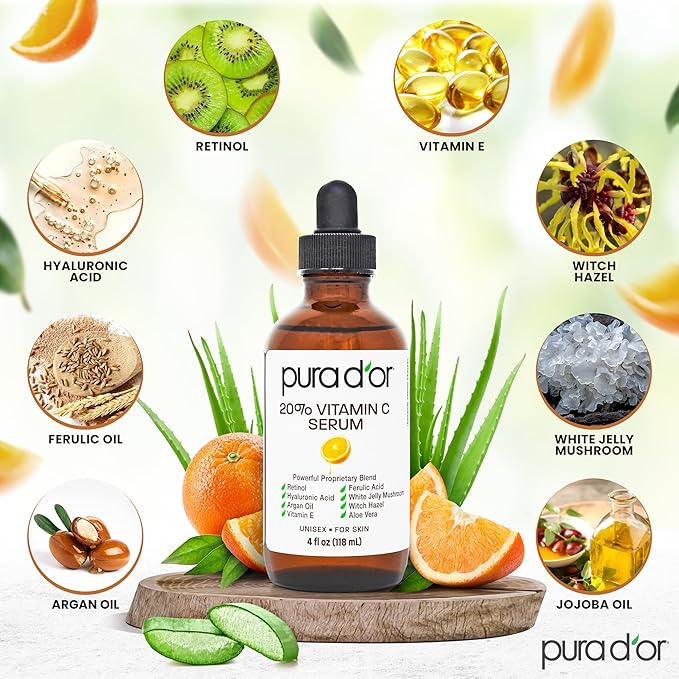 PURA D'OR 20% Vitamin C Serum 4 Oz - Lightweight Maximum Strength Formula - Retinol, Hyaluronic Acid, Ferulic Acid - Professional Grade Treatment For Face & Eyes, Wrinkles - Men & Women